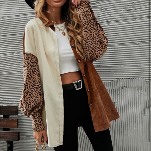 Cozy Corduroy Oversized Relaxed fit Leopard Print Patch Work Button Down Shirt - Picture 9 of 16